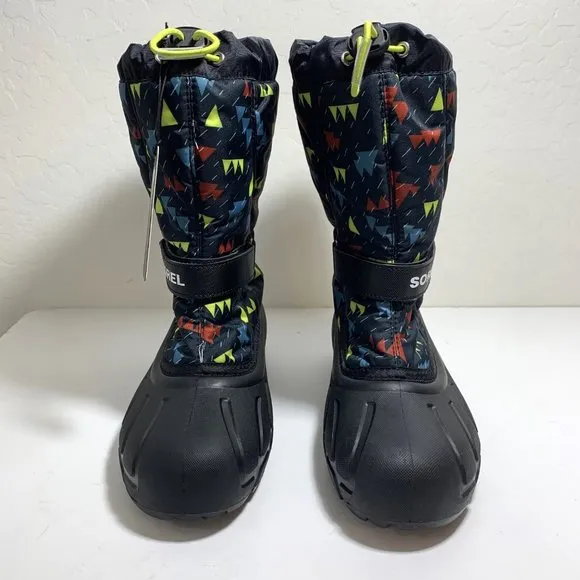 Sorel Flurry Insulated Tall Snow Boots Lined Black Print Youth Size 7 NEW
