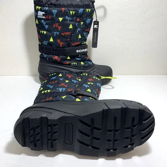 Sorel Flurry Insulated Tall Snow Boots Lined Black Print Youth Size 7 NEW
