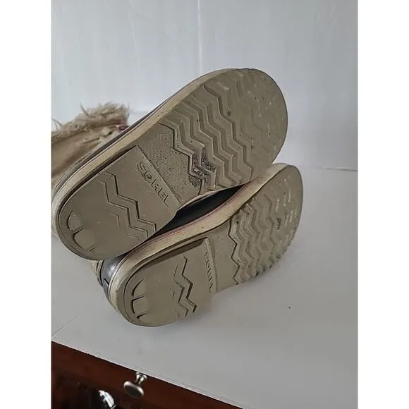 Sorel Girls SZ 4 Joan Of Artic Camel Brown Pink Faux Fur Waterproof Snow Boots