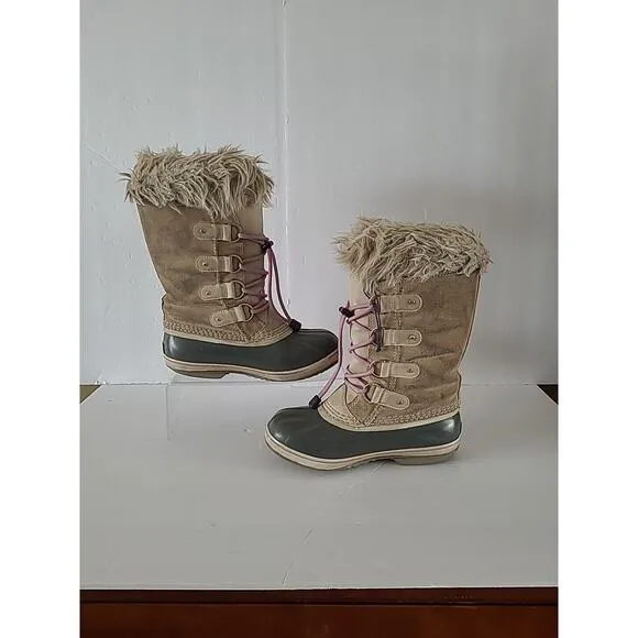 Sorel Girls SZ 4 Joan Of Artic Camel Brown Pink Faux Fur Waterproof Snow Boots