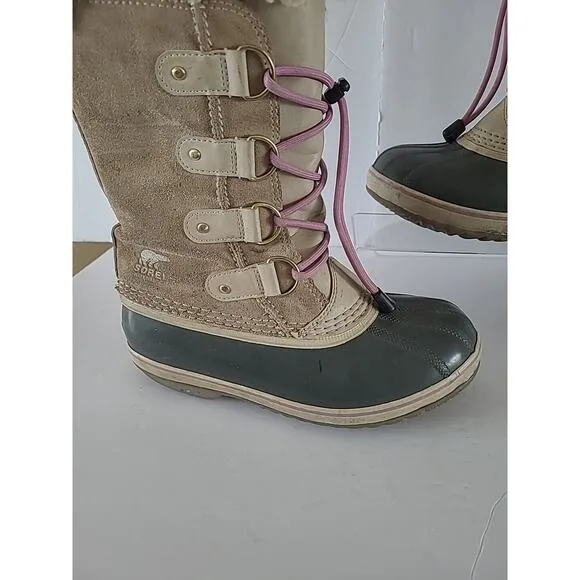 Sorel Girls SZ 4 Joan Of Artic Camel Brown Pink Faux Fur Waterproof Snow Boots