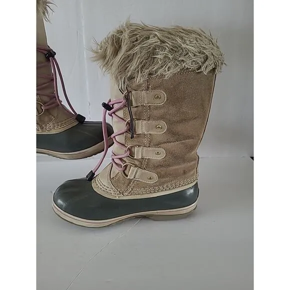 Sorel Girls SZ 4 Joan Of Artic Camel Brown Pink Faux Fur Waterproof Snow Boots