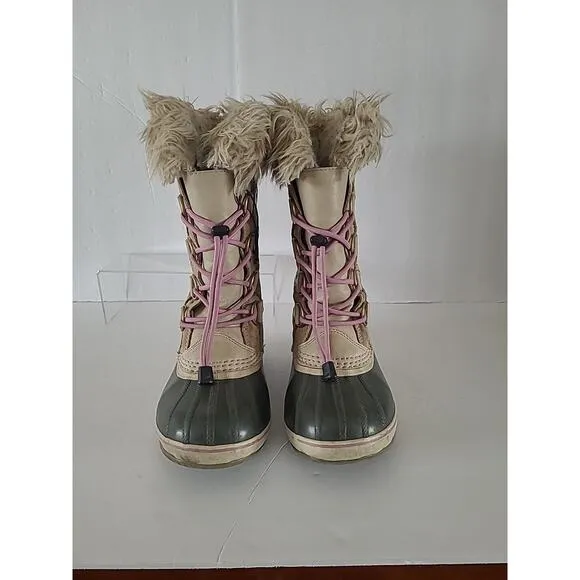 Sorel Girls SZ 4 Joan Of Artic Camel Brown Pink Faux Fur Waterproof Snow Boots