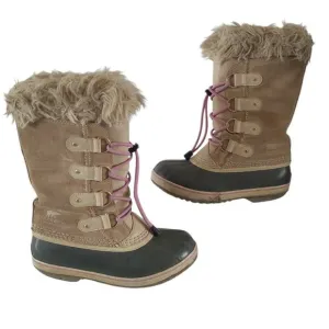 Sorel Girls SZ 4 Joan Of Artic Camel Brown Pink Faux Fur Waterproof Snow Boots