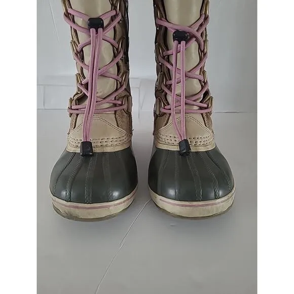 Sorel Girls SZ 4 Joan Of Artic Camel Brown Pink Faux Fur Waterproof Snow Boots