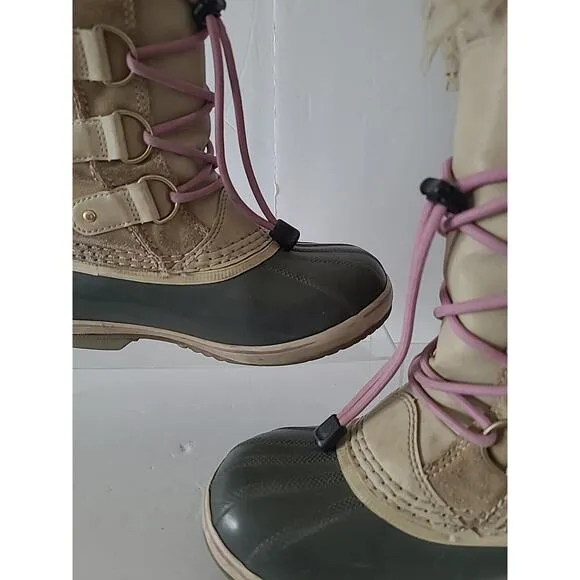 Sorel Girls SZ 4 Joan Of Artic Camel Brown Pink Faux Fur Waterproof Snow Boots