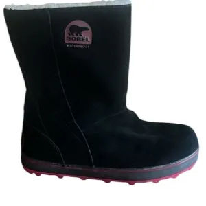 Sorel Glacy Black Suede Waterproof Fleece Lined Pull On Snow Winter Boots