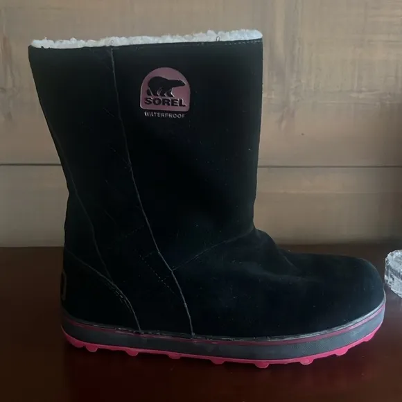 Sorel Glacy Black Suede Waterproof Fleece Lined Pull On Snow Winter Boots