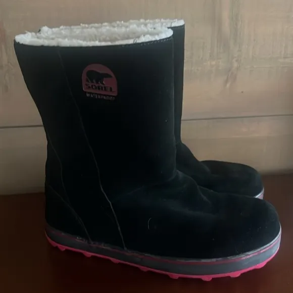 Sorel Glacy Black Suede Waterproof Fleece Lined Pull On Snow Winter Boots