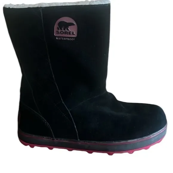 Sorel Glacy Black Suede Waterproof Fleece Lined Pull On Snow Winter Boots