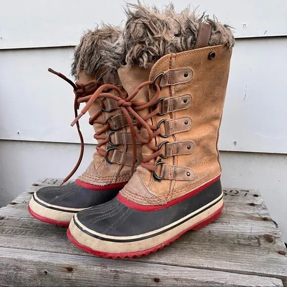 Sorel Joan of Arc leather fur snow boots Size 6 Brown Boho