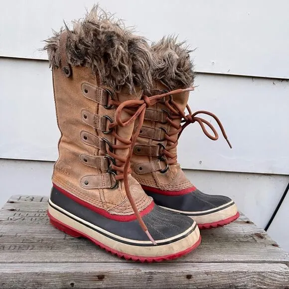 Sorel Joan of Arc leather fur snow boots Size 6 Brown Boho