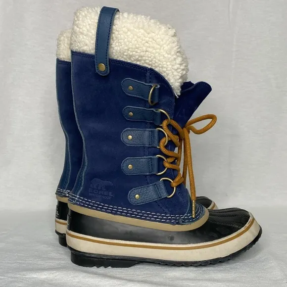 SOREL JOAN OF ARCTIC Collegiate Navy Blue rubber suede lace ups faux Sherpa SZ 6