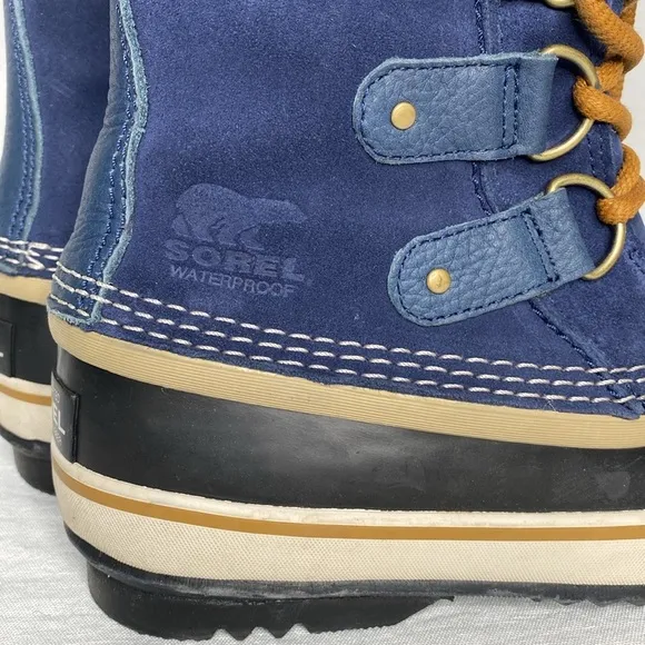 SOREL JOAN OF ARCTIC Collegiate Navy Blue rubber suede lace ups faux Sherpa SZ 6