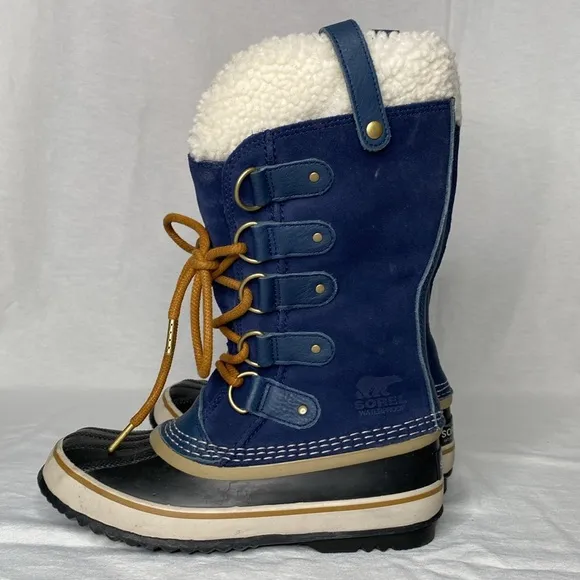 SOREL JOAN OF ARCTIC Collegiate Navy Blue rubber suede lace ups faux Sherpa SZ 6