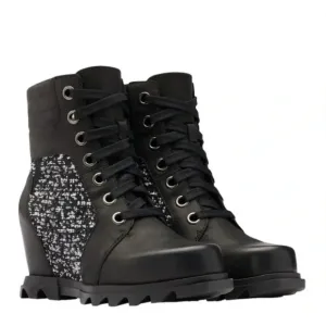 Sorel Joan of Arctic Wedge III Lexie Boot in Black Leather Speckle Fabric
