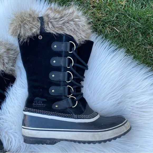 Sorel Joan of Artic Waterproof Black Fur Boots Sz 10