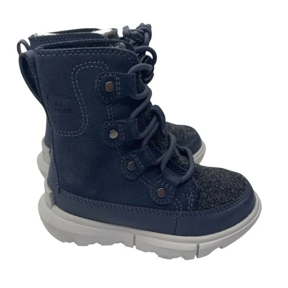 SOREL Kids Explorer Waterproof Lace Up Boots Moonstone Blue Size 8 Suede Gray