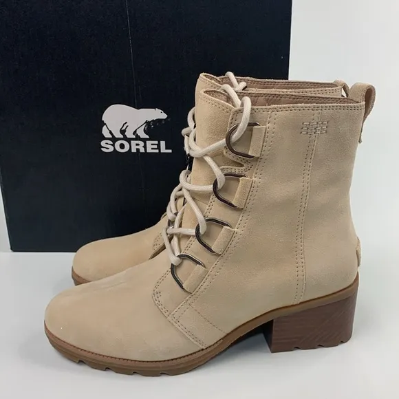 Sorel Leather Waterproof  Heeled Boots Creme Beige Size 8.5 Lace up New NWT