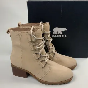 Sorel Leather Waterproof  Heeled Boots Creme Beige Size 8.5 Lace up New NWT