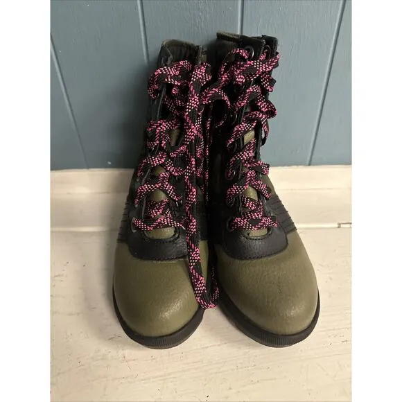 Sorel Lexie Girls Wedge Lace-Up Waterproof Leather Boots Camo Canvas Size 1