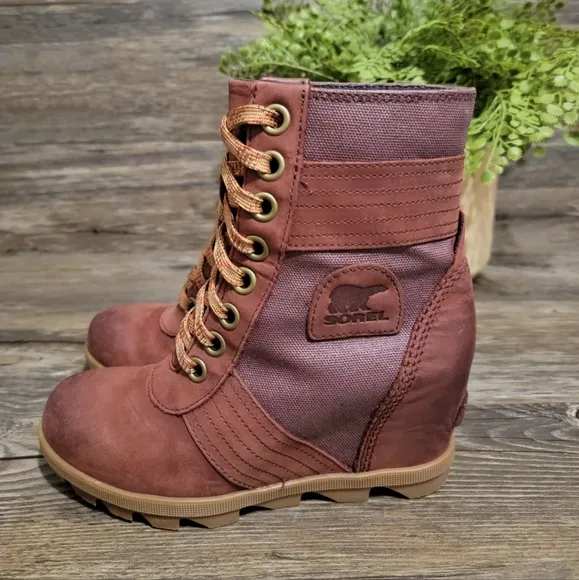 Sorel Lexie Wedge Snow Leather Canvas Waterproof Boots Madder size 6