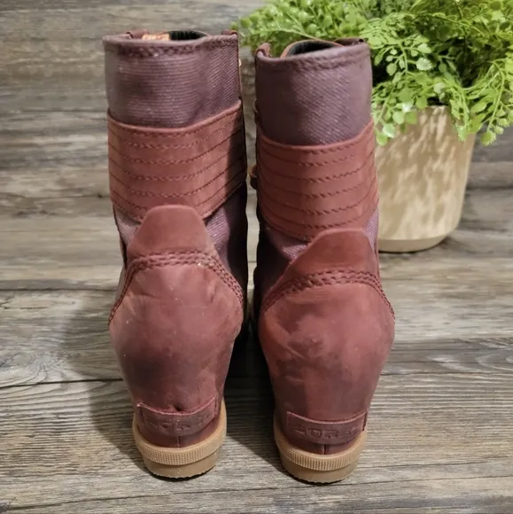 Sorel Lexie Wedge Snow Leather Canvas Waterproof Boots Madder size 6
