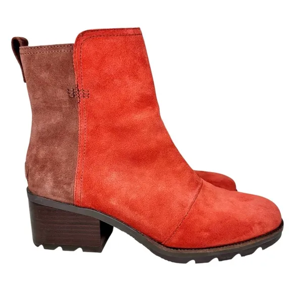 Sorel New Cate Boots Carnelian Red &amp; Brown Suede Colorblock SZ 9