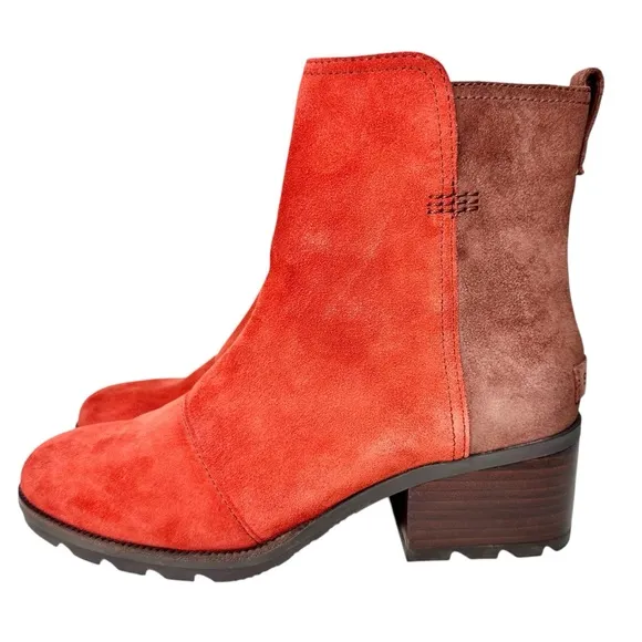 Sorel New Cate Boots Carnelian Red &amp; Brown Suede Colorblock SZ 9