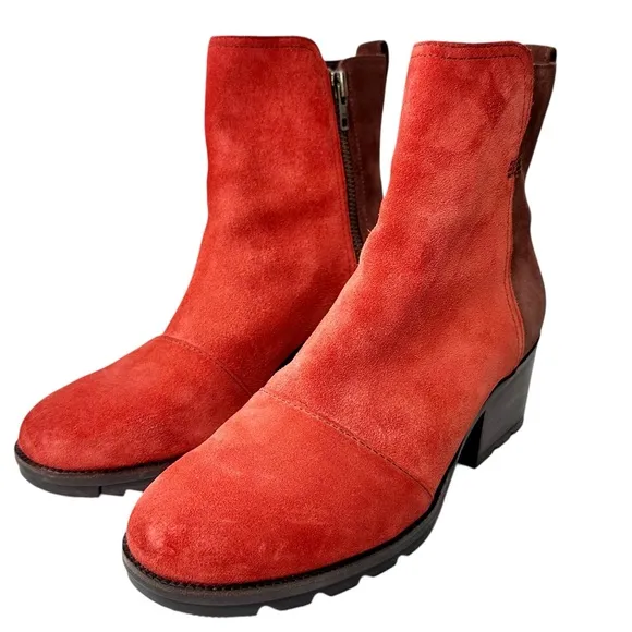 Sorel New Cate Boots Carnelian Red &amp; Brown Suede Colorblock SZ 9