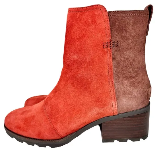 Sorel New Cate Boots Carnelian Red &amp; Brown Suede Colorblock SZ 9