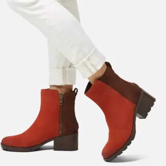 Sorel New Cate Boots Carnelian Red &amp; Brown Suede Colorblock SZ 9