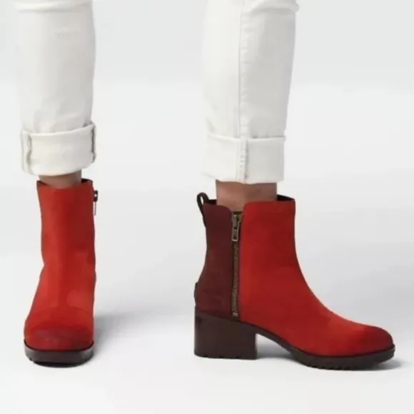 Sorel New Cate Boots Carnelian Red &amp; Brown Suede Colorblock SZ 9