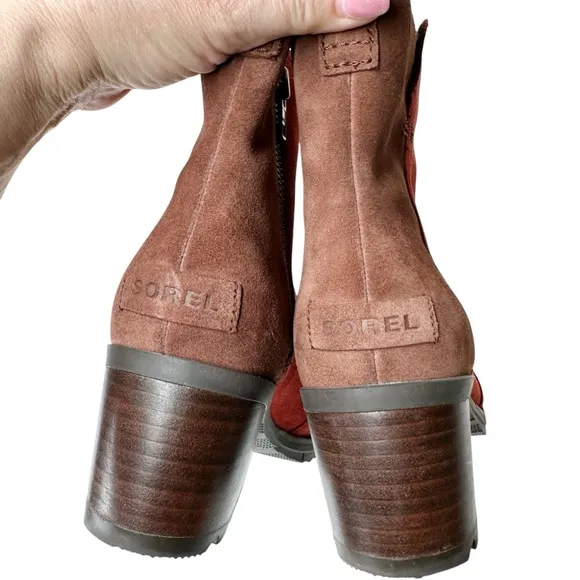 Sorel New Cate Boots Carnelian Red &amp; Brown Suede Colorblock SZ 9