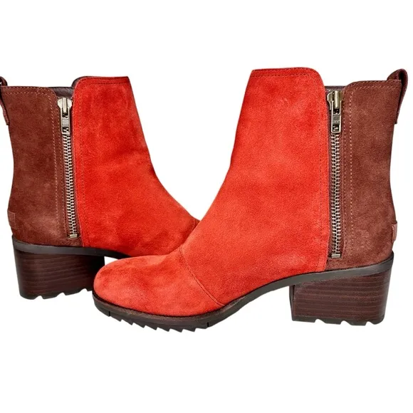 Sorel New Cate Boots Carnelian Red &amp; Brown Suede Colorblock SZ 9