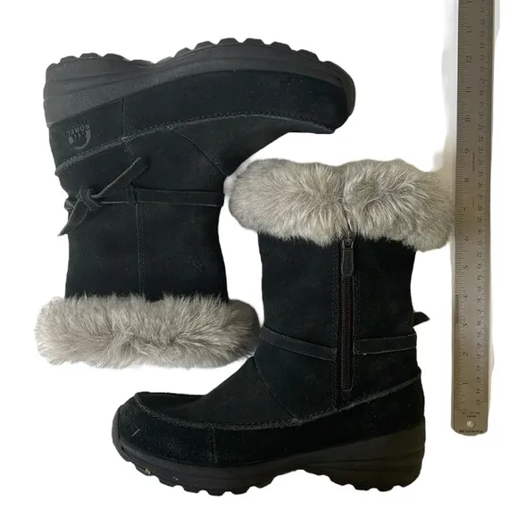 Sorel Northern Lite Tall Boots Black Suede Fluffy Fur Waterproof Women’s size 7
