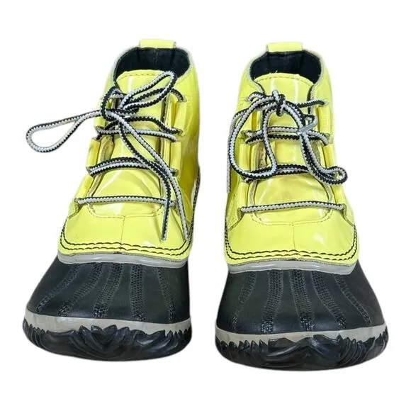 Sorel Out N About Zest Dove Rain Boots In Patent Yellow Leather