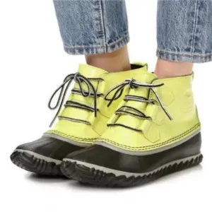Sorel Out N About Zest Dove Rain Boots In Patent Yellow Leather