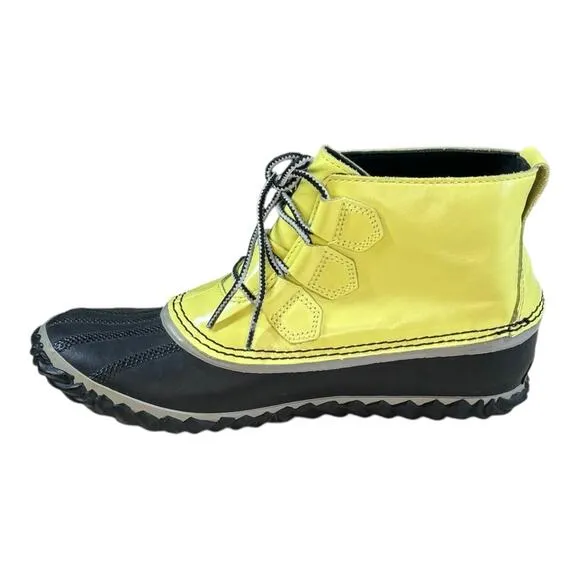 Sorel Out N About Zest Dove Rain Boots In Patent Yellow Leather