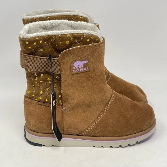Sorel Rylee Waterproof Boots Youth Girls 4 Elk Brown Stars Suede Winter Mid Calf