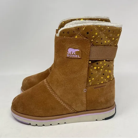 Sorel Rylee Waterproof Boots Youth Girls 4 Elk Brown Stars Suede Winter Mid Calf
