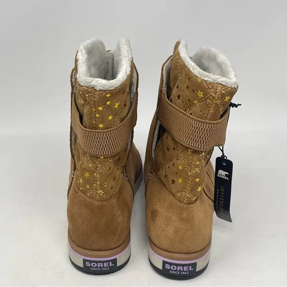 Sorel Rylee Waterproof Boots Youth Girls 4 Elk Brown Stars Suede Winter Mid Calf