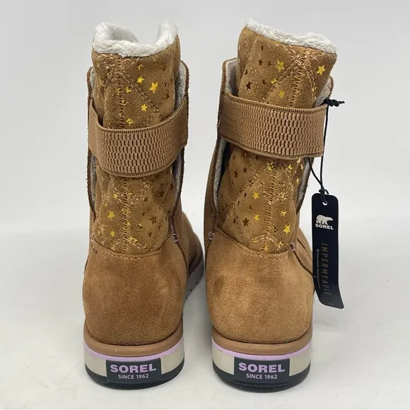 Sorel Rylee Waterproof Boots Youth Girls 4 Elk Brown Stars Suede Winter Mid Calf