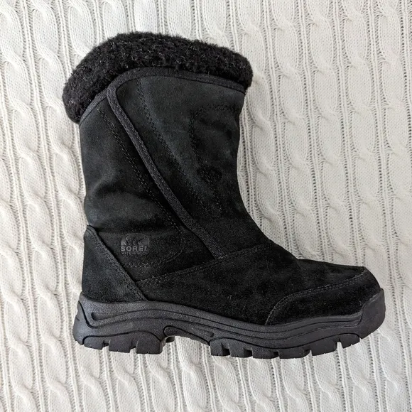Sorel Suede Waterfall Winter Snow Boots 7 Black Onyx Insulated Boot Leather
