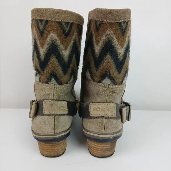 Sorel SZ 8.5 Slimshortie Aztec Sweater Suede Boots Tan NL2152-227