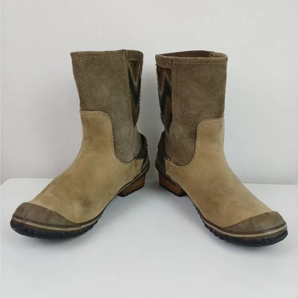 Sorel SZ 8.5 Slimshortie Aztec Sweater Suede Boots Tan NL2152-227