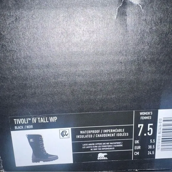 SOREL Tivoli IV Tall Waterproof Black Lace Up Boots Size 7.5