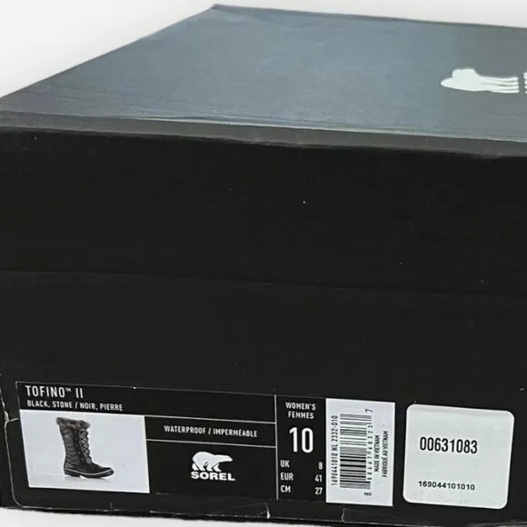 SOREL Tofino II Black / Stone Waterproof Lace Up Faux Fur Winter Boots. 10. NEW.