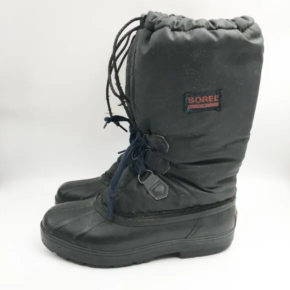 SOREL Vintage Black Nylon Tall Winter Waterproof Snow Boots Womens 8