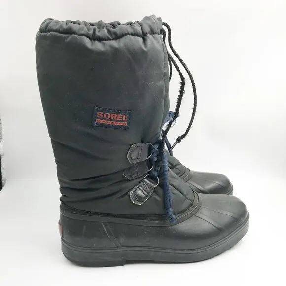 SOREL Vintage Black Nylon Tall Winter Waterproof Snow Boots Womens 8